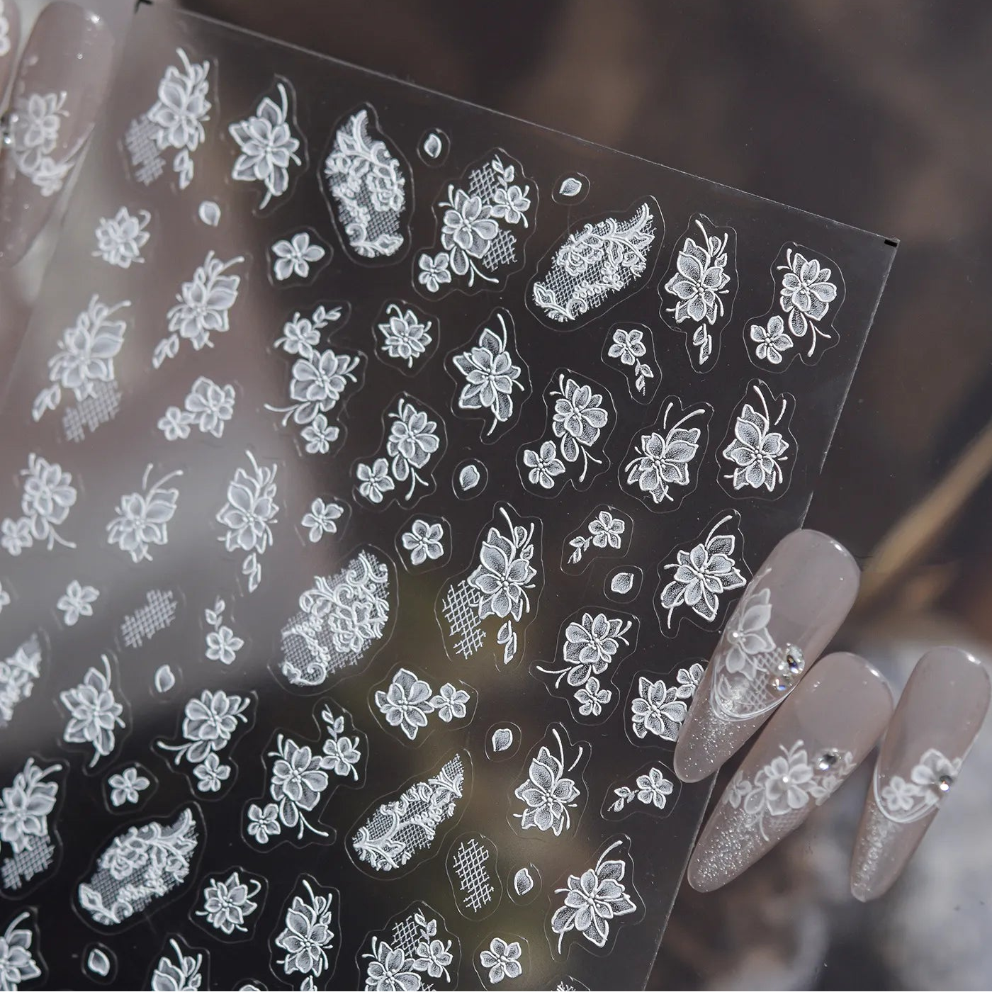 5D Embossed White Floral & Lace Nail Stickers - Wedding Art 5482