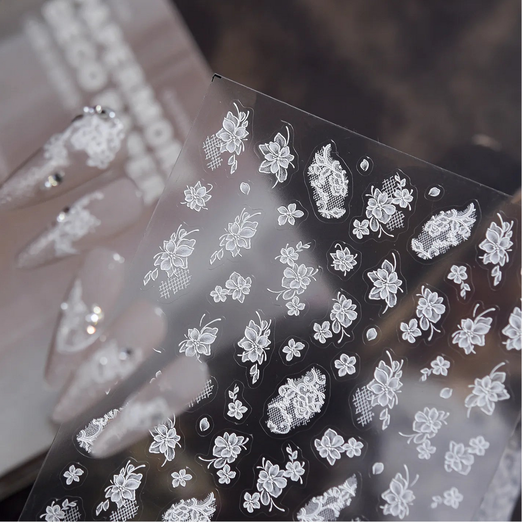 5D Embossed White Floral & Lace Nail Stickers - Wedding Art 5482