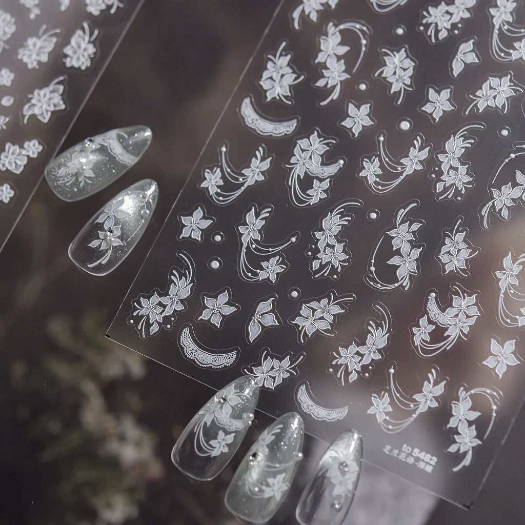 5D Embossed White Floral & Lace Nail Stickers - Wedding Art 5482