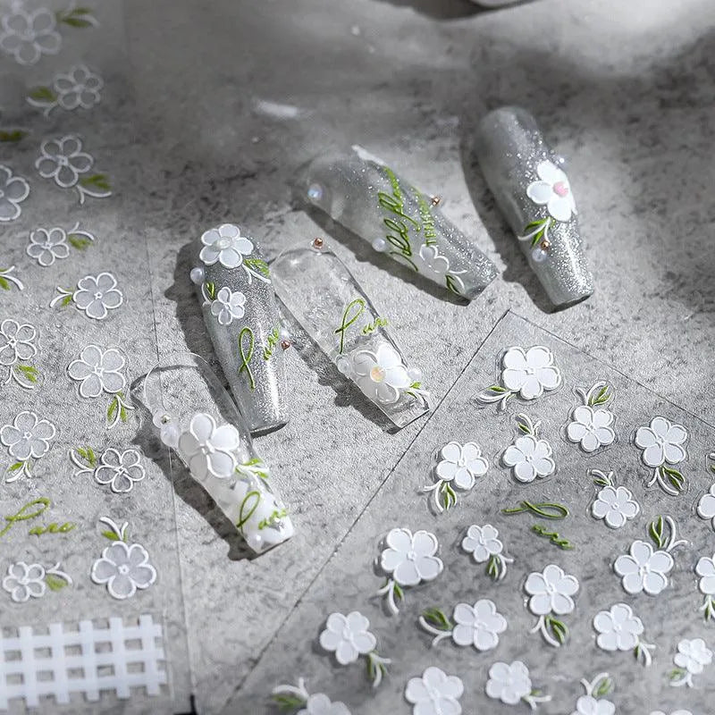 5D Embossed White Flower Nail Stickers | Elegant Cottagecore Garden Nail Art Decals TS1757