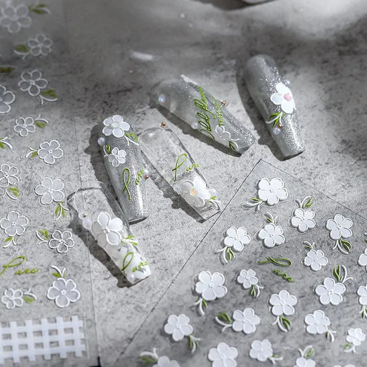 5D Embossed White Flower Nail Stickers | Elegant Cottagecore Garden Nail Art Decals TS1757