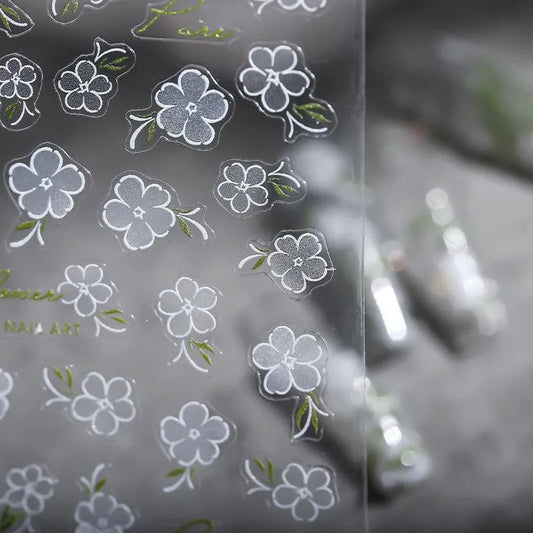 5D Embossed White Flower Nail Stickers | Elegant Cottagecore Garden Nail Art Decals TS1757