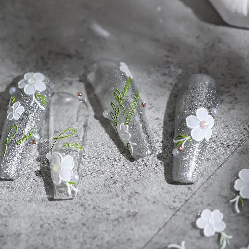 5D Embossed White Flower Nail Stickers | Elegant Cottagecore Garden Nail Art Decals TS1757