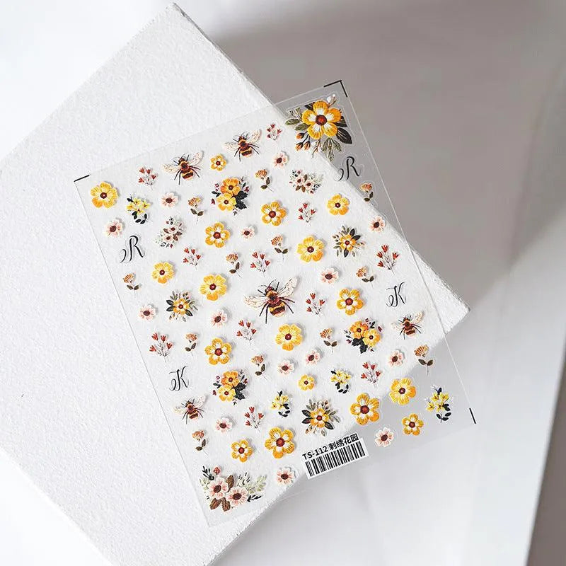5D Embroidered Bee & Flower Nail Stickers Cute Cottagecore Summer Nail Art Decals TS112