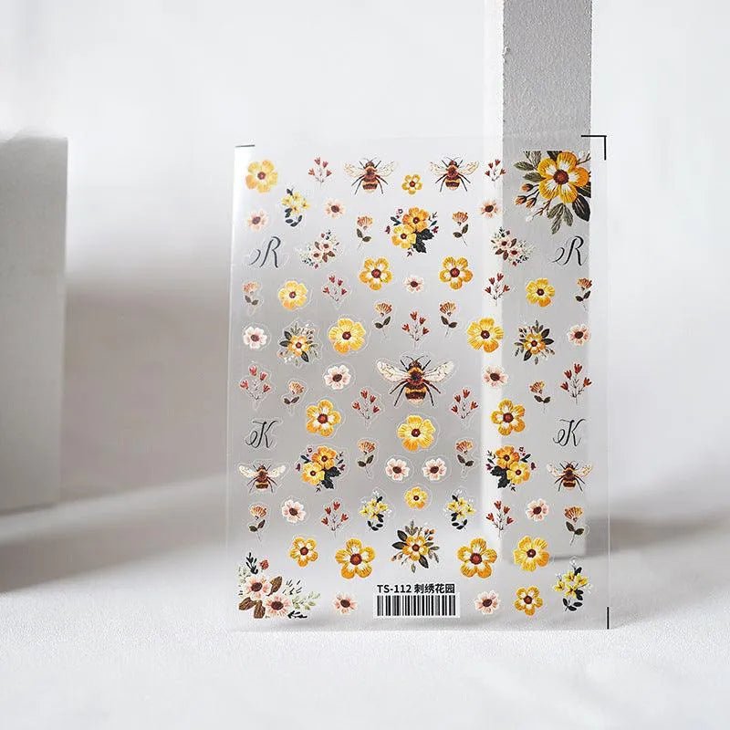 5D Embroidered Bee & Flower Nail Stickers Cute Cottagecore Summer Nail Art Decals TS112