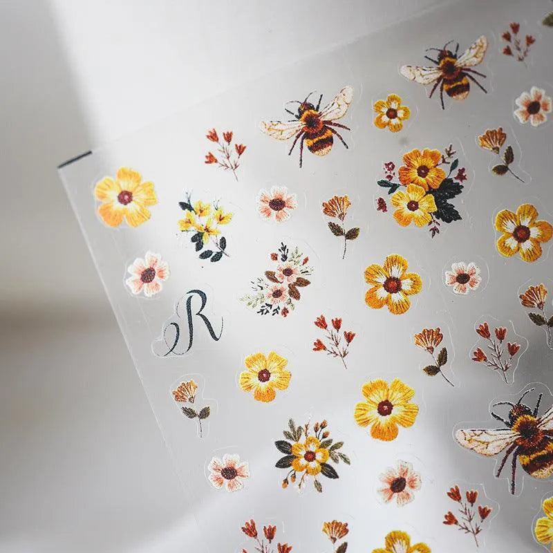 5D Embroidered Bee & Flower Nail Stickers Cute Cottagecore Summer Nail Art Decals TS112
