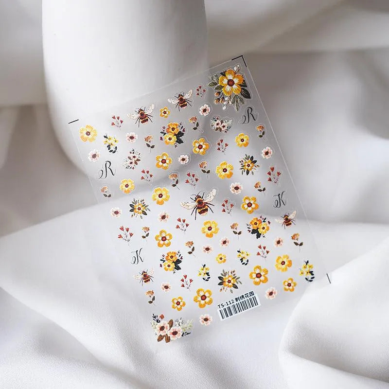 5D Embroidered Bee & Flower Nail Stickers Cute Cottagecore Summer Nail Art Decals TS112