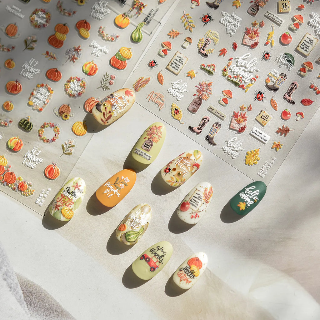 5D Fall Pumpkin Nail Stickers | Cozy Autumn & Thanksgiving Embossed Nail Decals 5195
