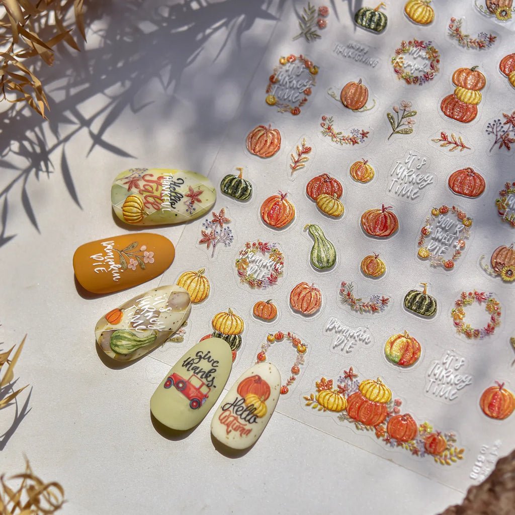 5D Fall Pumpkin Nail Stickers | Cozy Autumn & Thanksgiving Embossed Nail Decals 5195