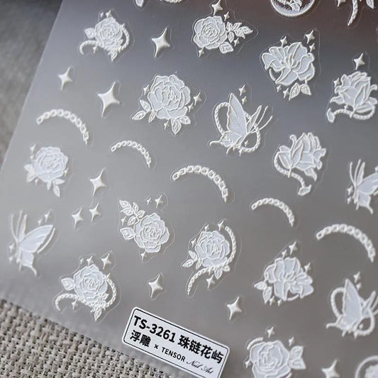 5D Floral Nail Art Stickers White Flower Chain Adhesive Sticker Nail Decals TS3260