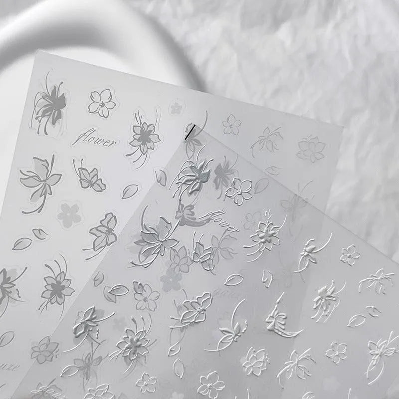 5D Flower With Pearl Nail Art Stickers White Floral Leaf Adhesive Slider Sticker Decals TS3457