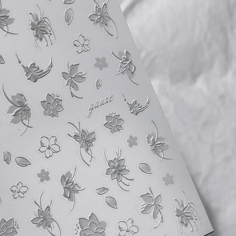 5D Flower With Pearl Nail Art Stickers White Floral Leaf Adhesive Slider Sticker Decals TS3457