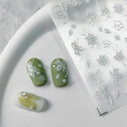 5D Flower With Pearl Nail Art Stickers White Floral Leaf Adhesive Slider Sticker Decals TS3457