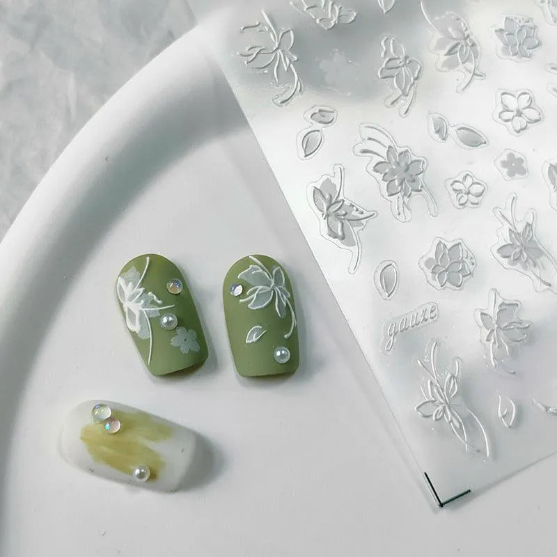 5D Flower With Pearl Nail Art Stickers White Floral Leaf Adhesive Slider Sticker Decals TS3457