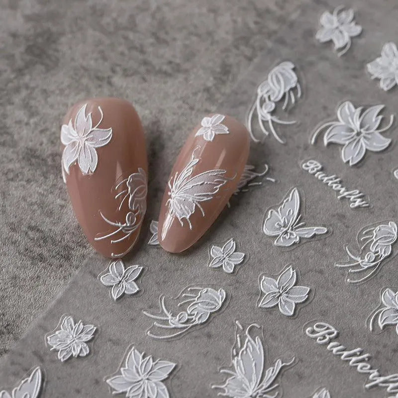 5D Flowers Nail Art Stickers White Butterfly Floral Adhesive Slider Sticker Decals TS3623