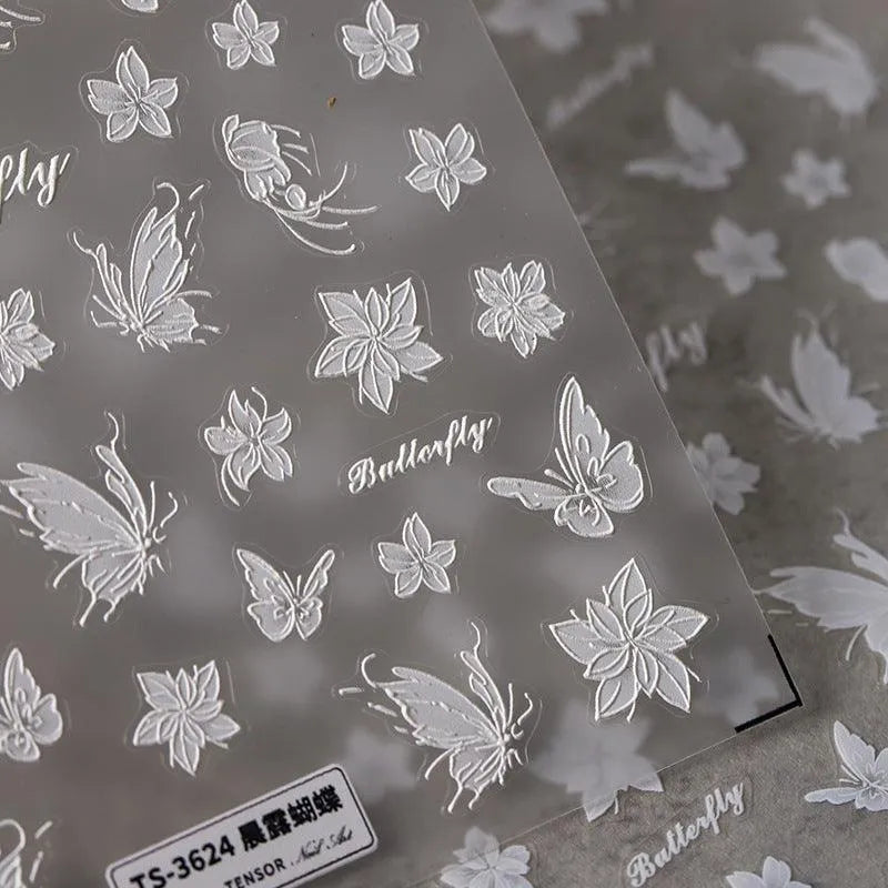 5D Flowers Nail Art Stickers White Butterfly Floral Adhesive Slider Sticker Decals TS3623