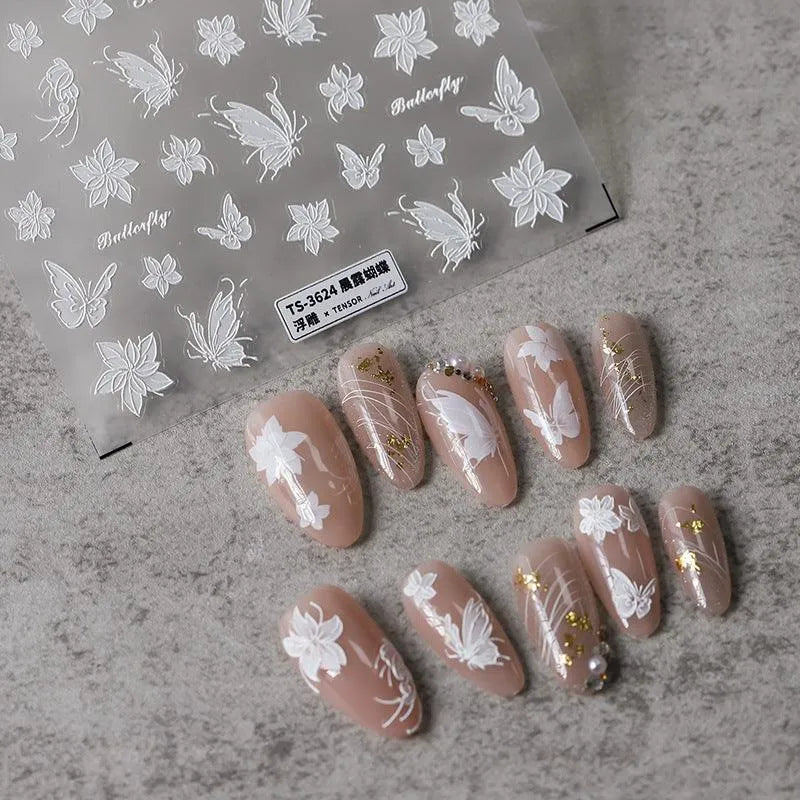 5D Flowers Nail Art Stickers White Butterfly Floral Adhesive Slider Sticker Decals TS3623