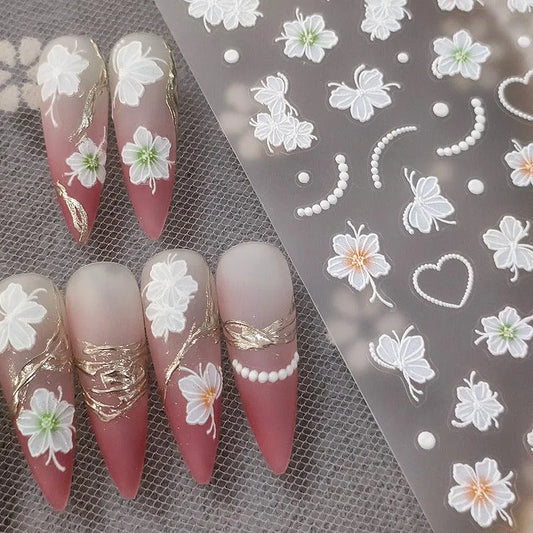 5D Flowers Nail Stickers White Flower Beads Adhesive Sticker Nail Decals TS3266