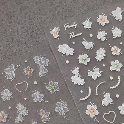 5D Flowers Nail Stickers White Flower Beads Adhesive Sticker Nail Decals TS3266