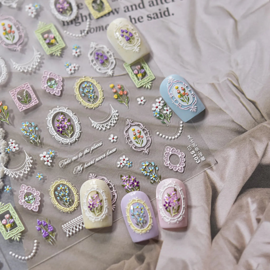 5D Frame Nail Stickers | Victorian Floral & Lace Decals for Coquette Nails