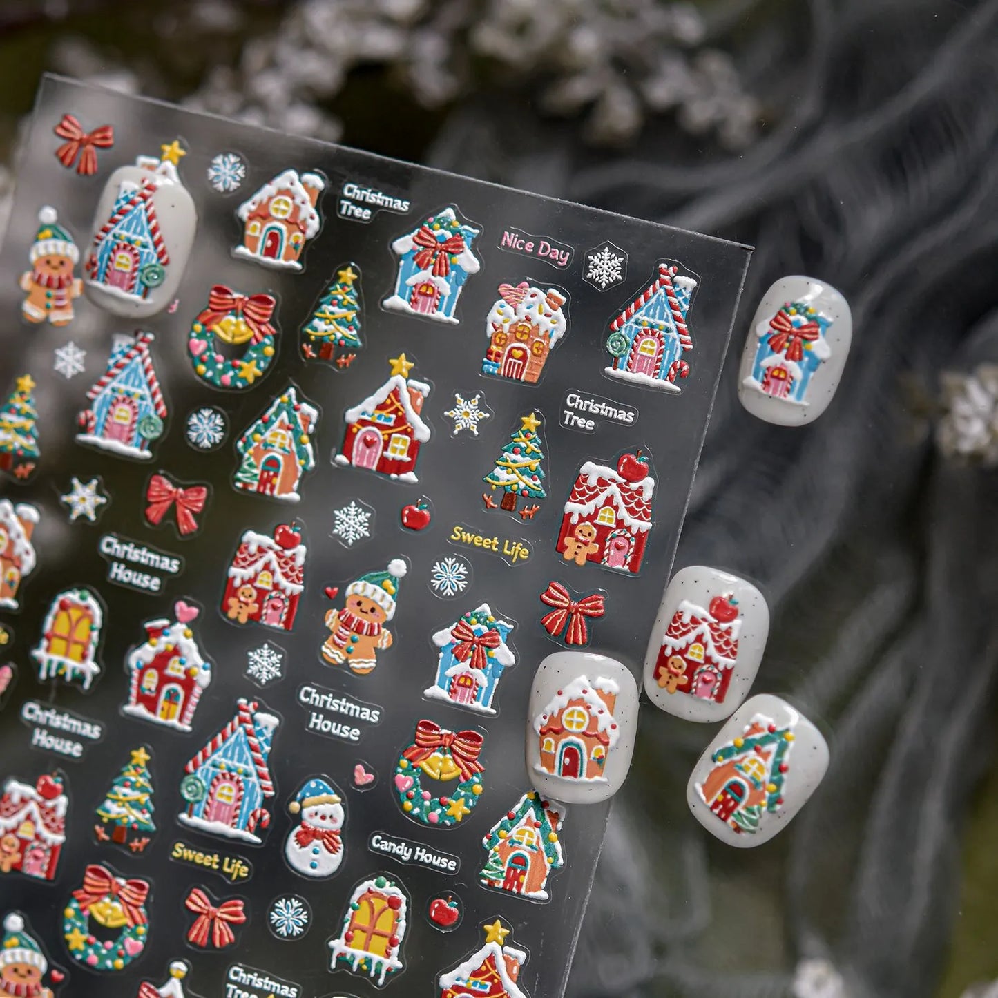 5D Gingerbread House Nail Stickers - Christmas Tree Snowman Bow Holiday Decals