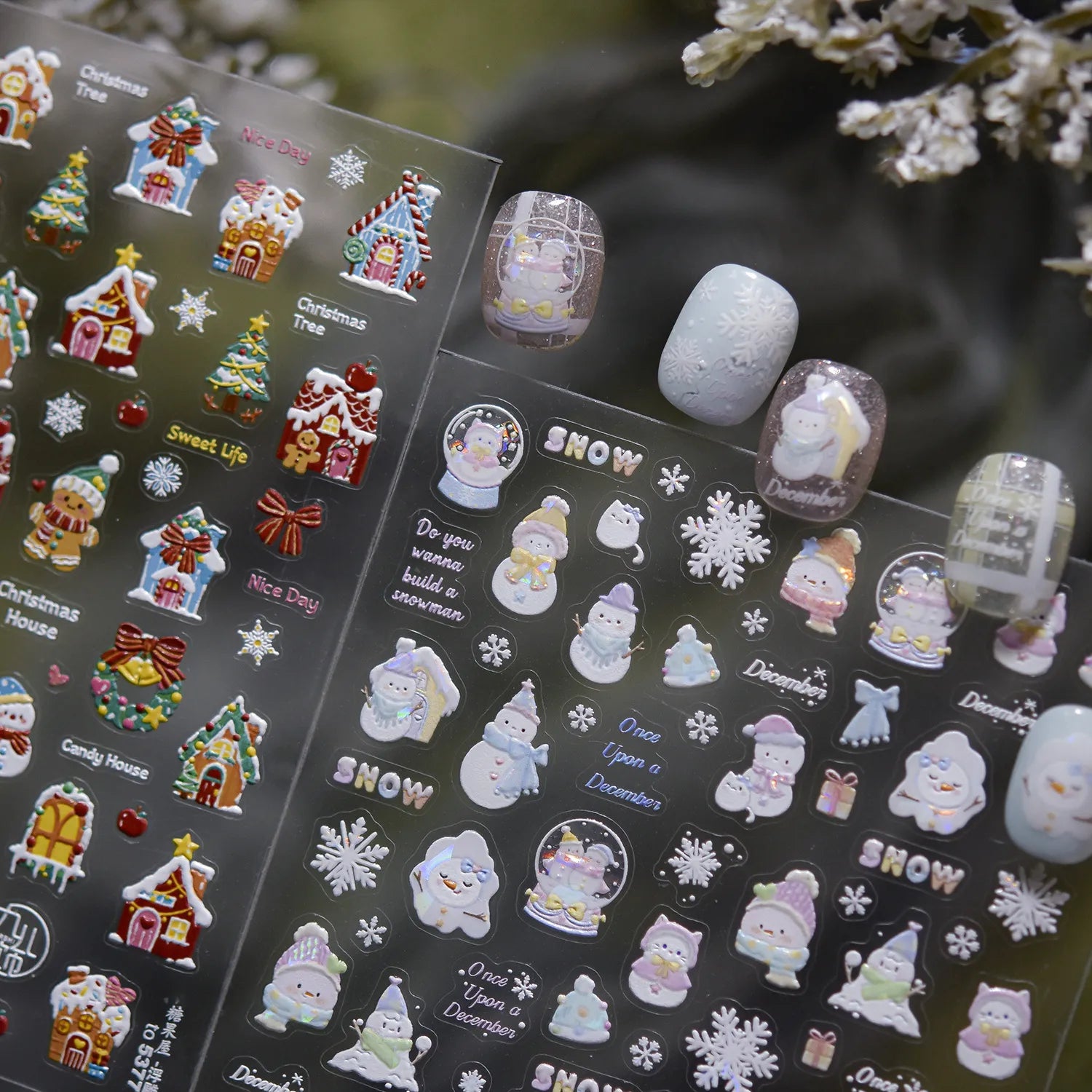 5D Gingerbread House Nail Stickers - Christmas Tree Snowman Bow Holiday Decals
