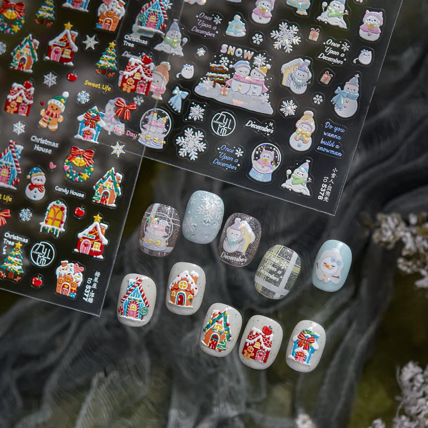 5D Gingerbread House Nail Stickers - Christmas Tree Snowman Bow Holiday Decals