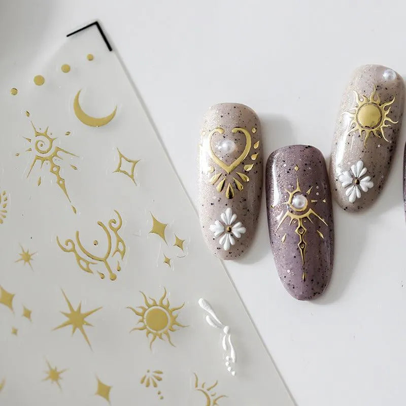 5D Gold Celestial Nail Stickers | Mystical Sun, Moon & Witchy Nail Art Decals M067