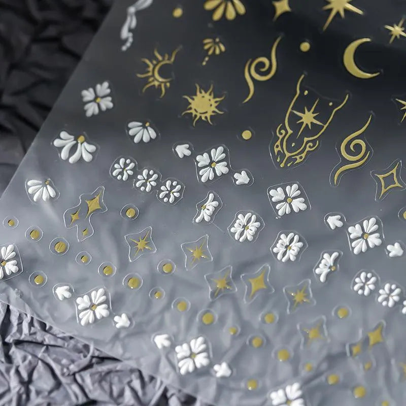 5D Gold Celestial Nail Stickers | Mystical Sun, Moon & Witchy Nail Art Decals M067