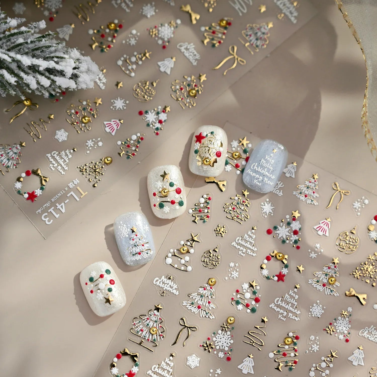 5D Gold Christmas Tree Nail Stickers - Xmas Ball Candy Canes Snowman Decals TL413