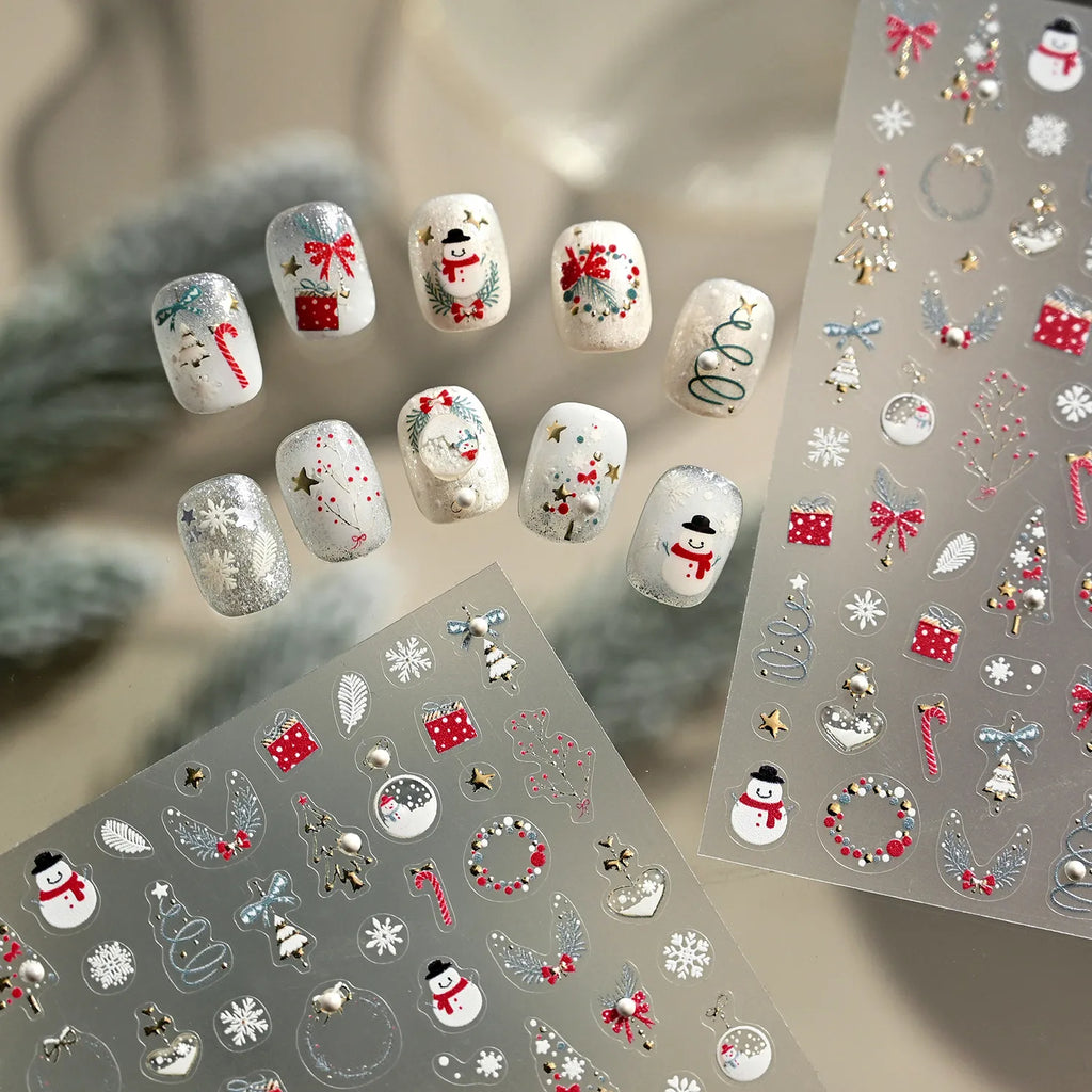 5D Gold Christmas Tree Nail Stickers - Xmas Ball Candy Canes Snowman Decals TL413