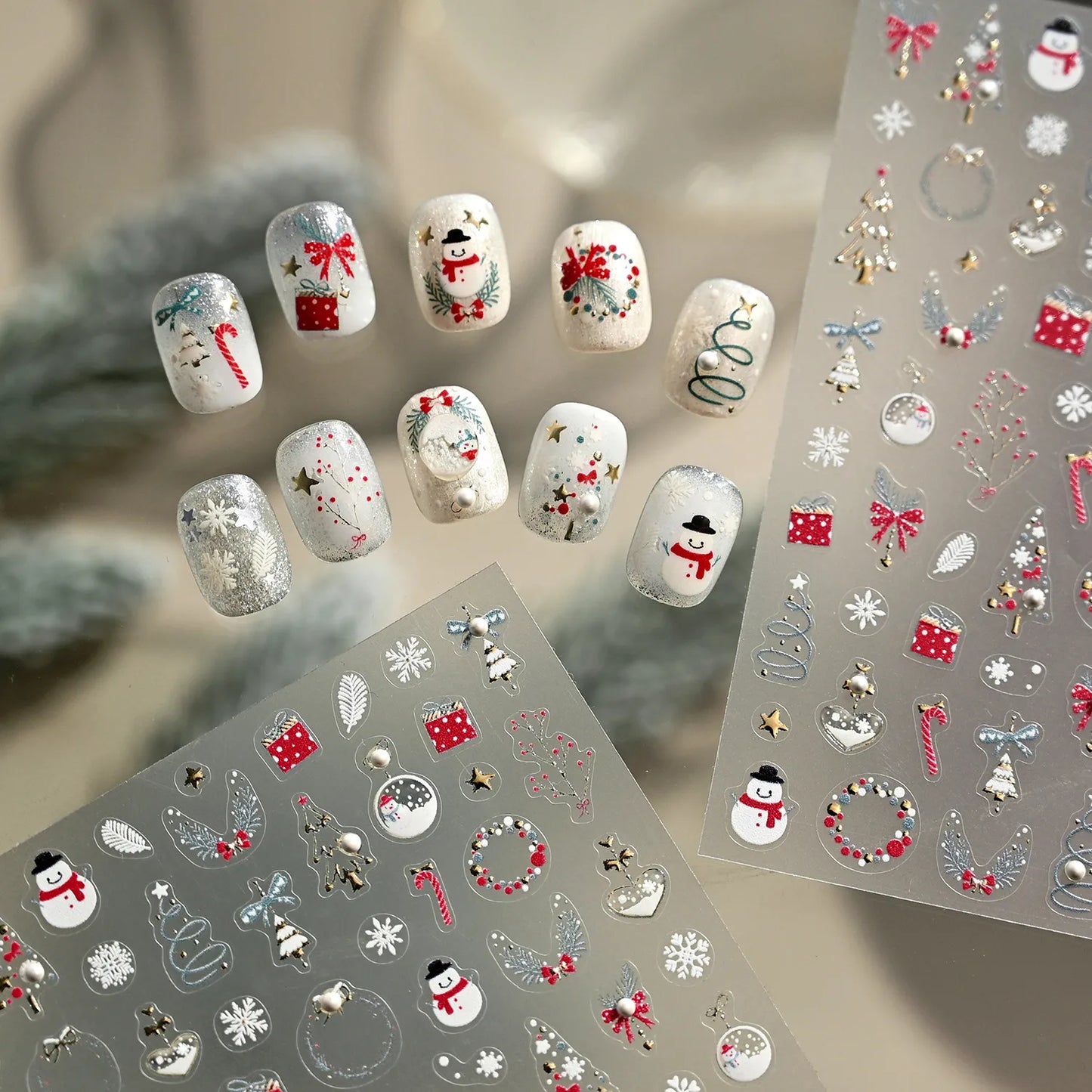 5D Gold Christmas Tree Nail Stickers - Xmas Ball Candy Canes Snowman Decals TL413