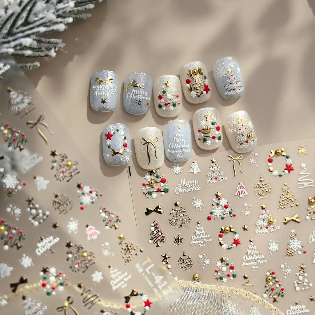 5D Gold Christmas Tree Nail Stickers - Xmas Ball Candy Canes Snowman Decals TL413