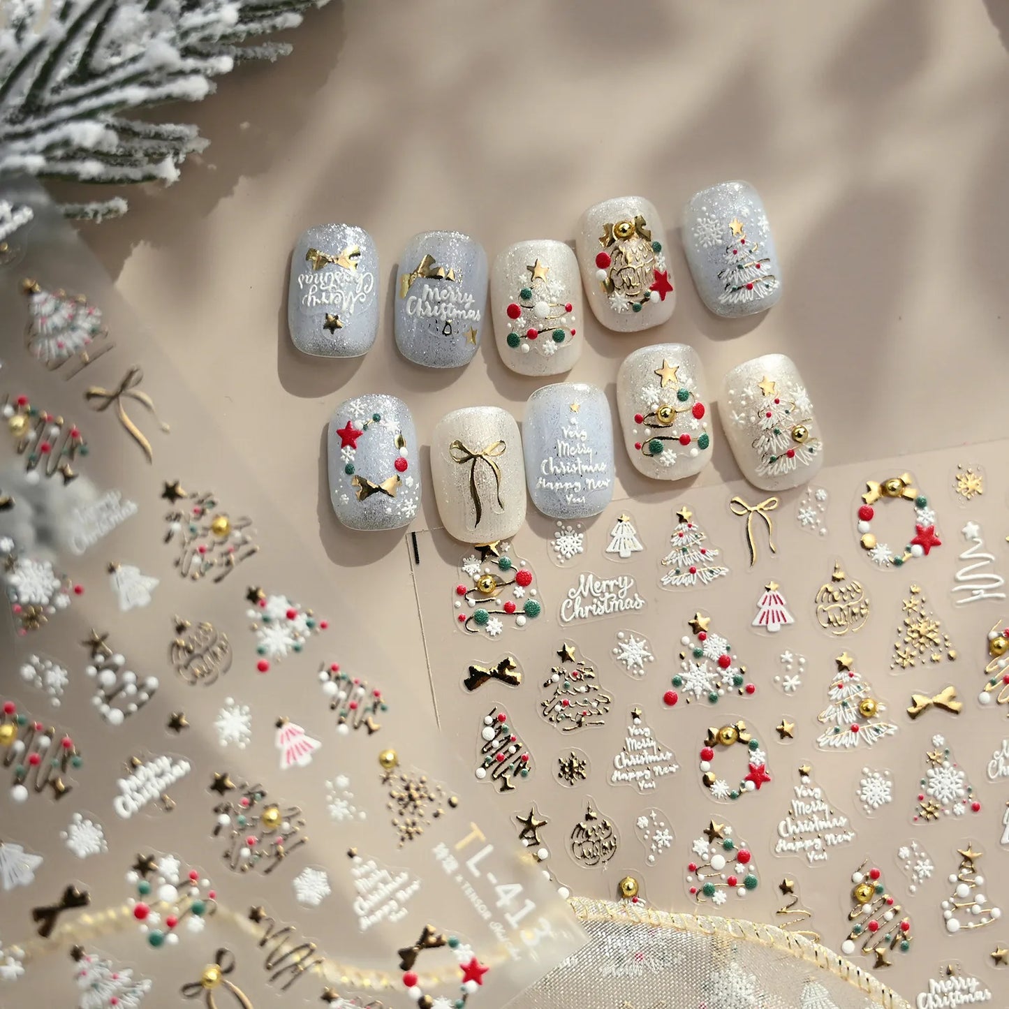 5D Gold Christmas Tree Nail Stickers - Xmas Ball Candy Canes Snowman Decals TL413