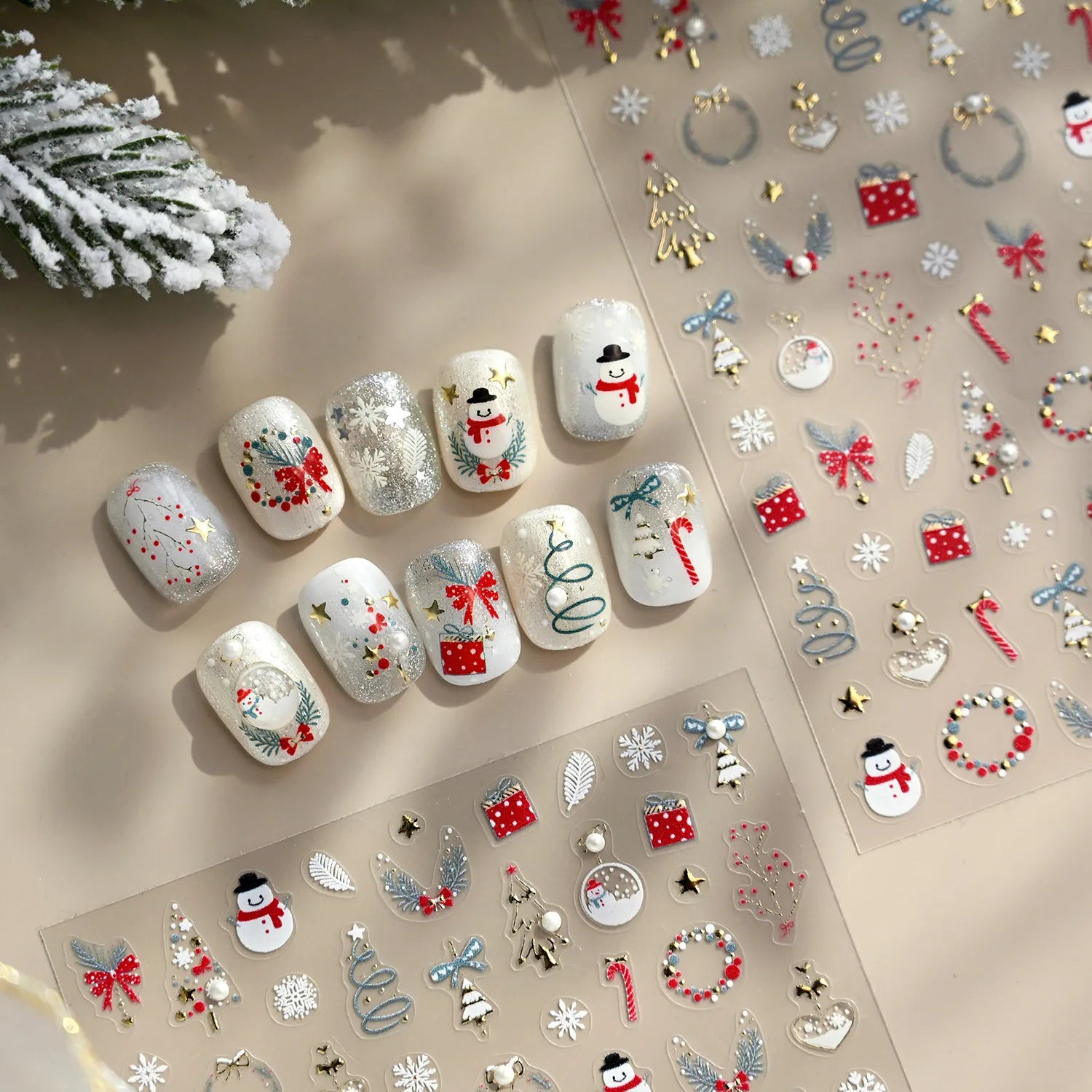 5D Gold Christmas Tree Nail Stickers - Xmas Ball Candy Canes Snowman Decals TL413