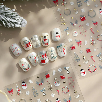 5D Gold Christmas Tree Nail Stickers - Xmas Ball Candy Canes Snowman Decals TL413