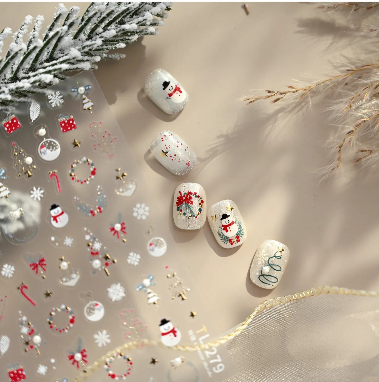 5D Gold Christmas Tree Nail Stickers - Xmas Ball Candy Canes Snowman Decals TL413