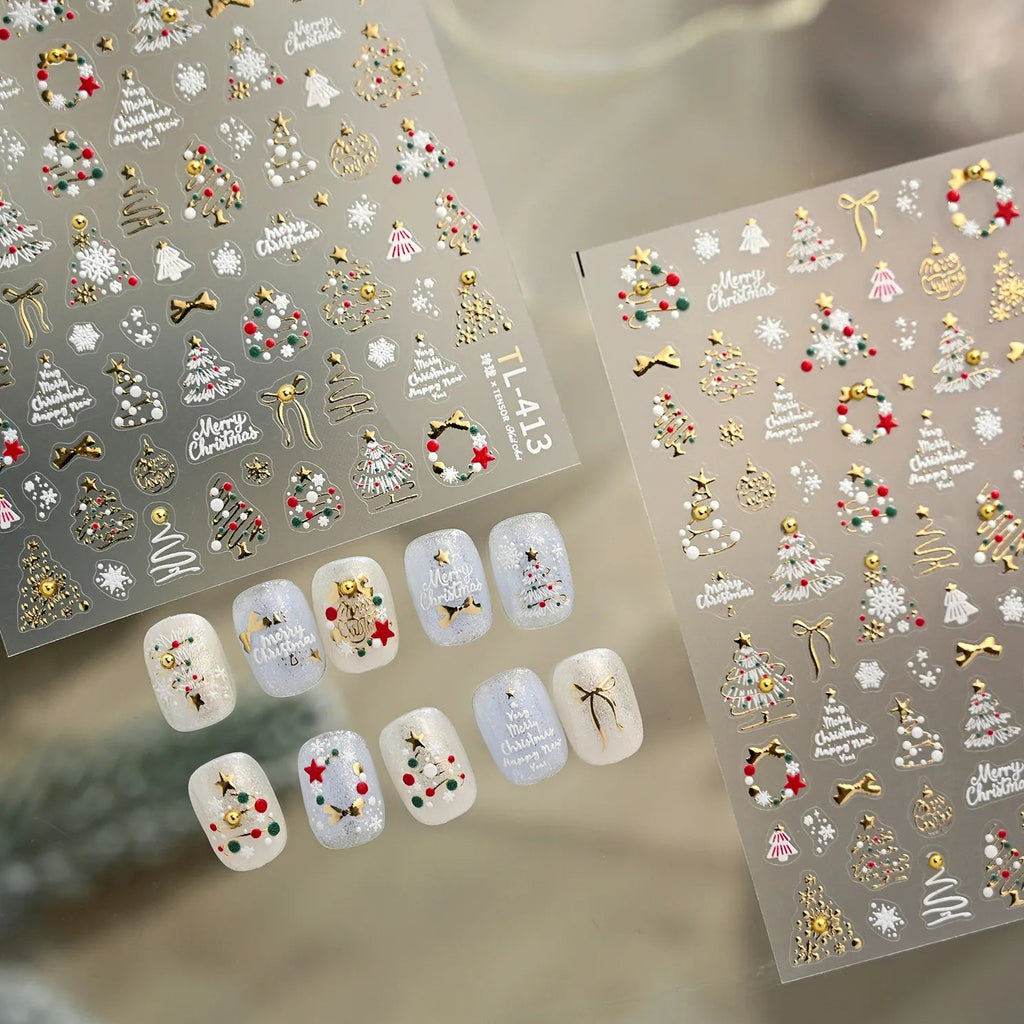 5D Gold Christmas Tree Nail Stickers - Xmas Ball Candy Canes Snowman Decals TL413