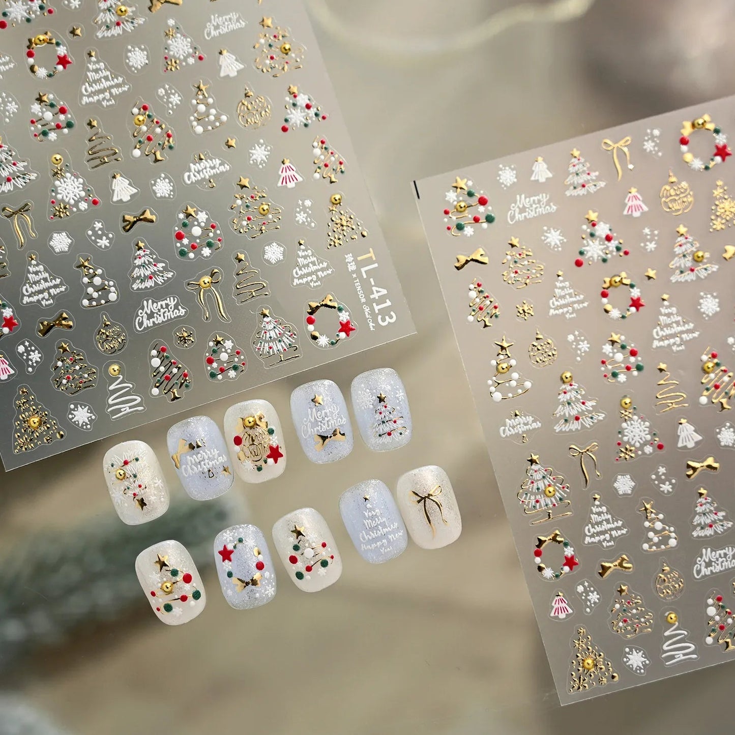 5D Gold Christmas Tree Nail Stickers - Xmas Ball Candy Canes Snowman Decals TL413