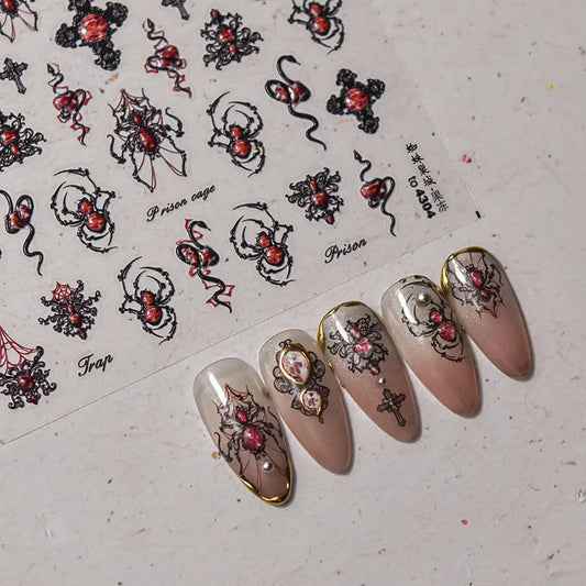 5D Gothic Nail Stickers | 3D Spider, Snake & Cross Decals for Halloween Nail Art 4304