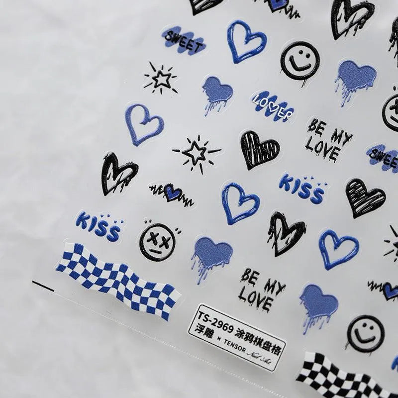 5D Graffiti Nail Stickers Y2K Edgy Heart & Smiley Nail Art Decals TS2968