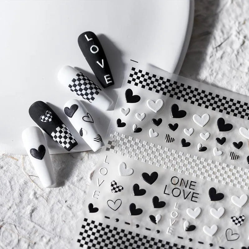 5D Hearts Nail Art Stickers Black White Checkerboard Love Heart Adhesive Sticker Decals TS2059
