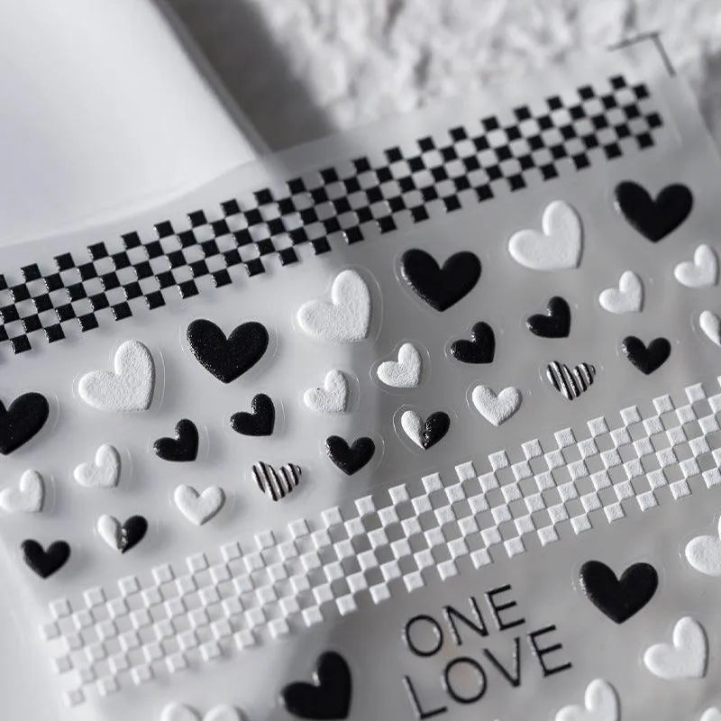 5D Hearts Nail Art Stickers Black White Checkerboard Love Heart Adhesive Sticker Decals TS2059