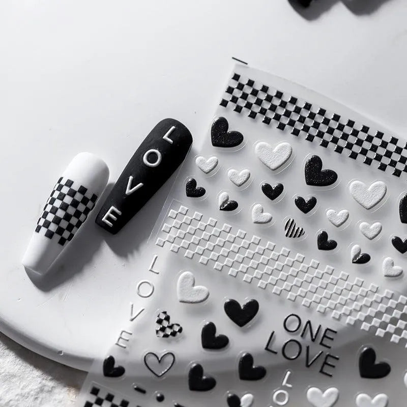 5D Hearts Nail Art Stickers Black White Checkerboard Love Heart Adhesive Sticker Decals TS2059