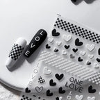 5D Hearts Nail Art Stickers Black White Checkerboard Love Heart Adhesive Sticker Decals TS2059