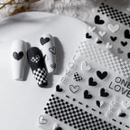 5D Hearts Nail Art Stickers Black White Checkerboard Love Heart Adhesive Sticker Decals TS2059
