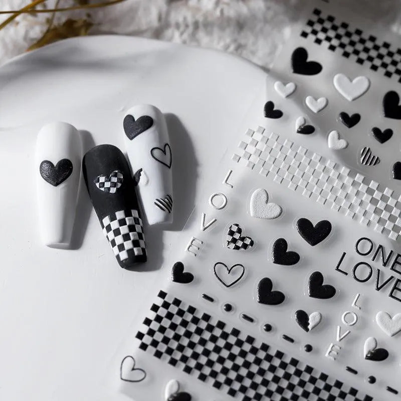 5D Hearts Nail Art Stickers Black White Checkerboard Love Heart Adhesive Sticker Decals TS2059