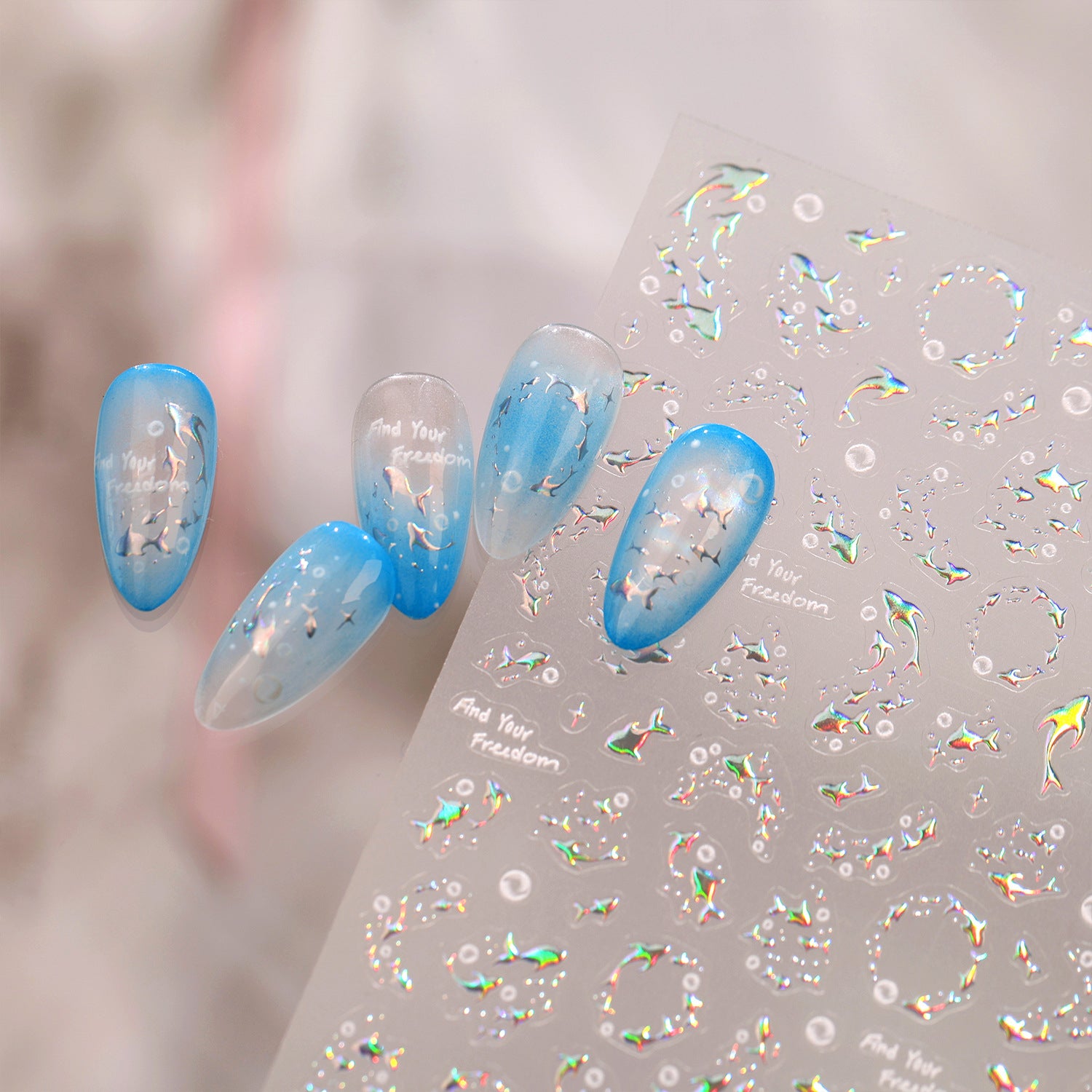 5D Holographic Fish Nail Stickers - Chrome Silver Ocean Sea Life Decals