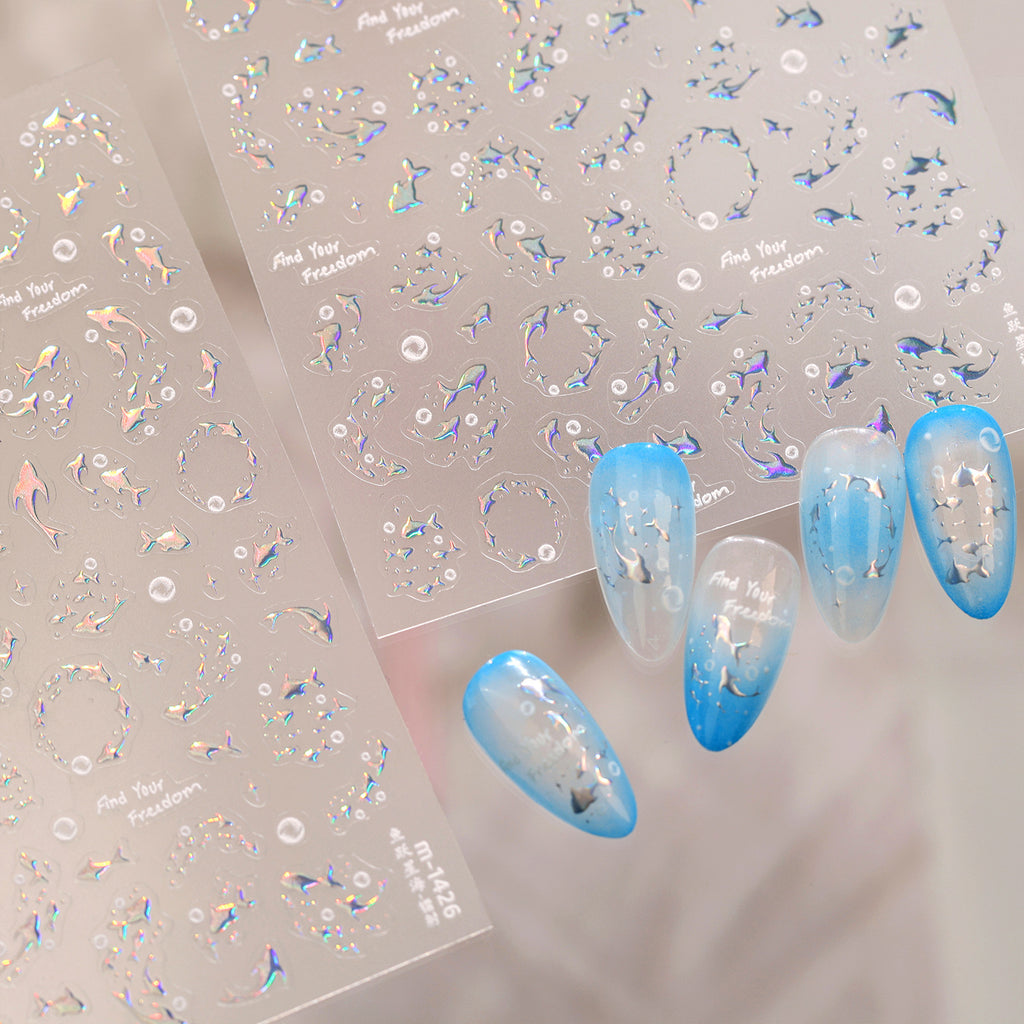 5D Holographic Fish Nail Stickers - Chrome Silver Ocean Sea Life Decals