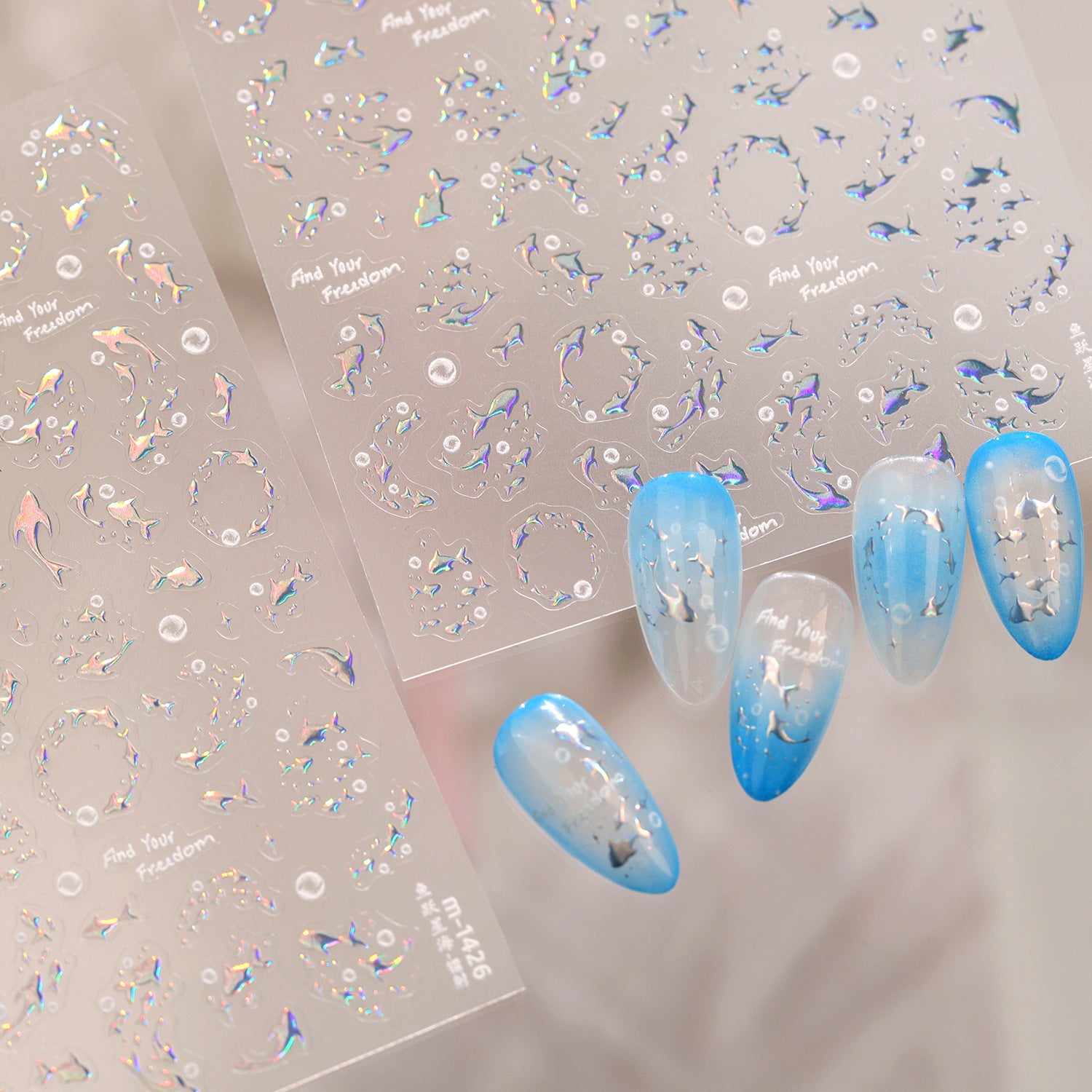 5D Holographic Fish Nail Stickers - Chrome Silver Ocean Sea Life Decals